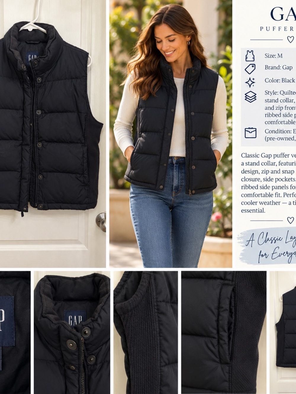 GAP Black Quilted Puffer Vest for Women